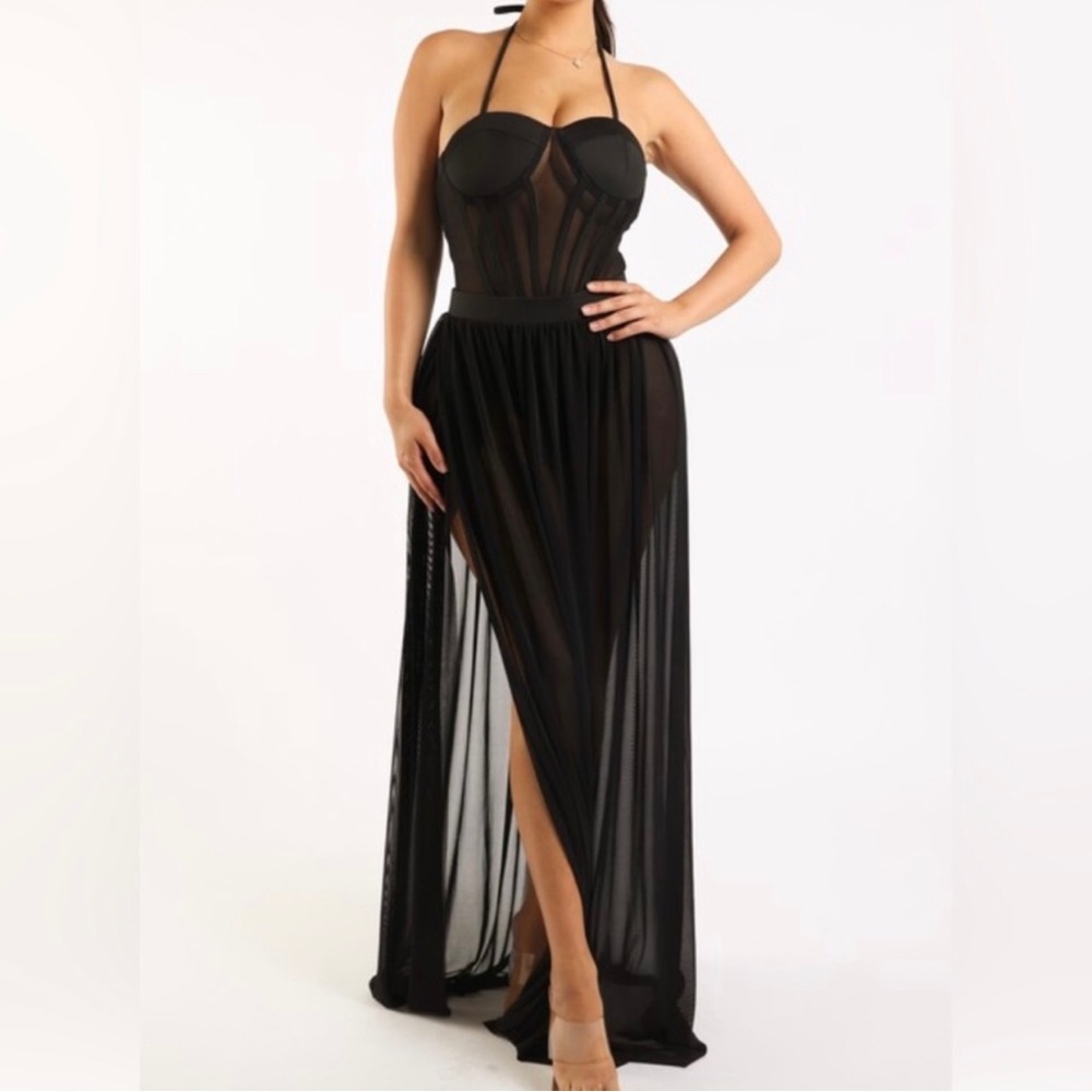 Black Mesh Maxi Skirt and Bodysuit Set